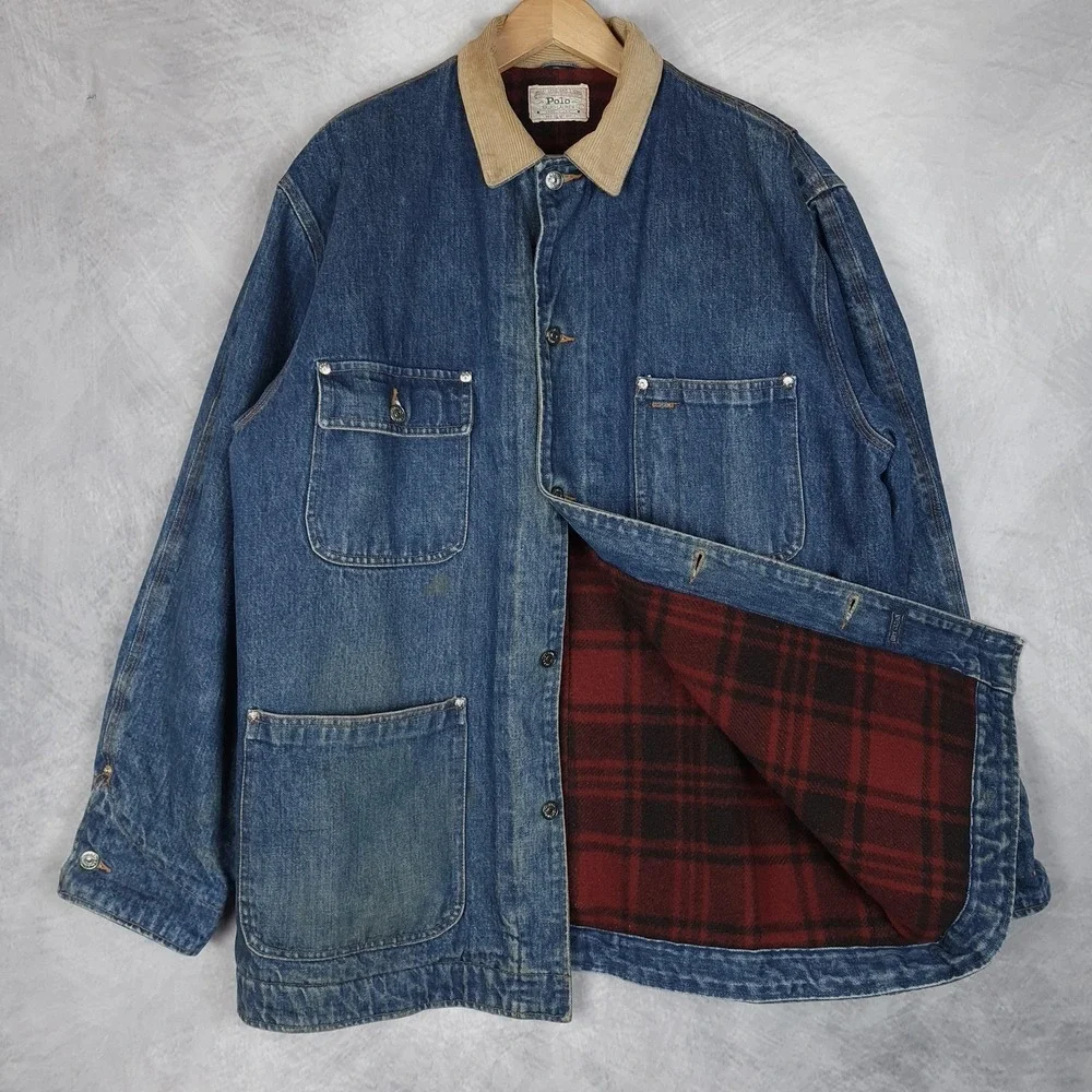 Vntg Polo Ralph Lauren Country Barn Coat Men Large Denim Blanket Lined Chore 90s - Picture 1 of 16